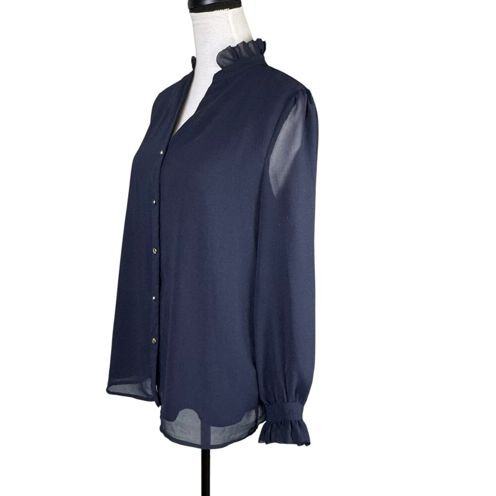Carmen Marc Valvo Navy Sheer Chiffon Long Sleeve Button Up Business Blouse - Picture 4 of 13